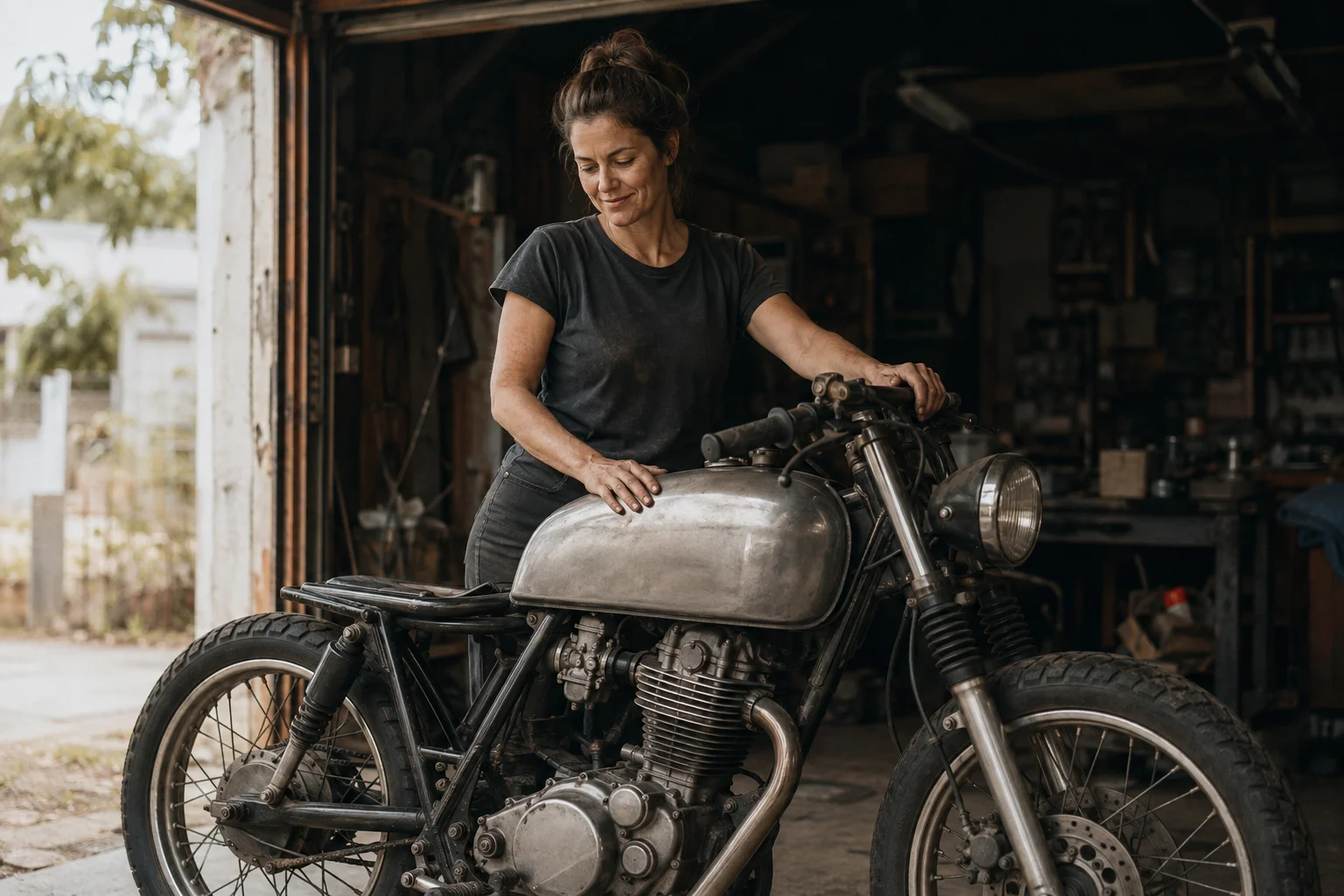 Dans son atelier, une femme reprend le projet de sa moto custom.