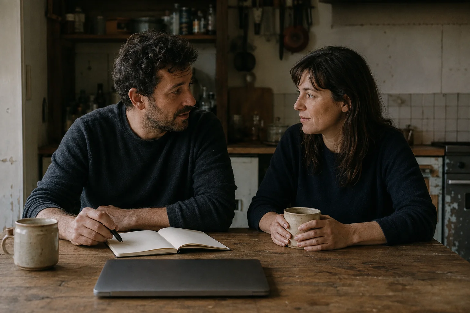 Un couple travaille sur son projet à la table de la cuisine.